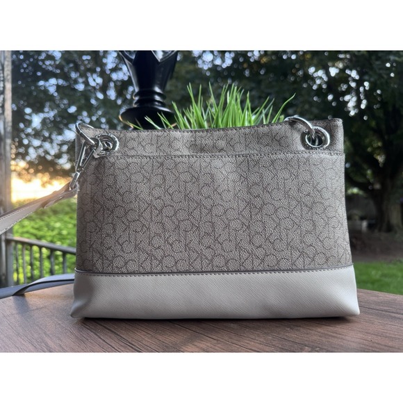 Calvin Klein Grey Handbag/Purse Adjustable Strap All Over Logo Silver Accents - Picture 4 of 12